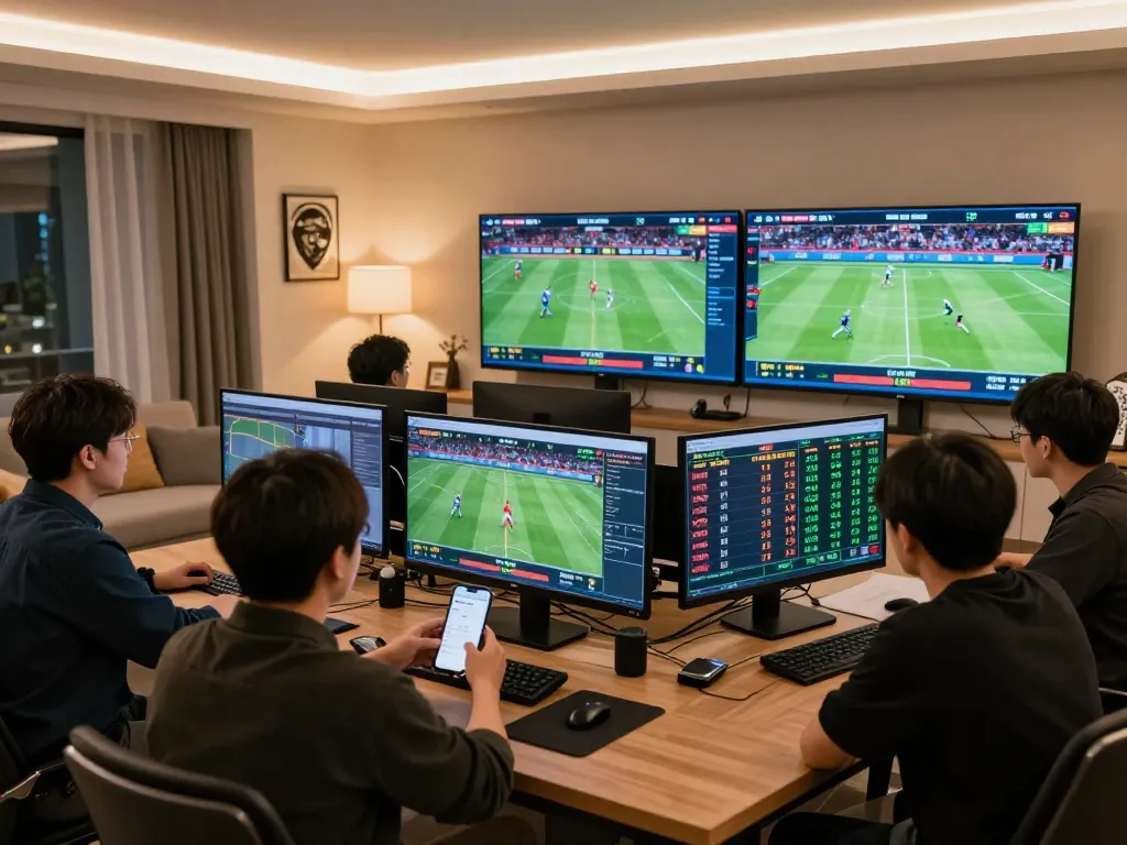 Engaged bettors using https://8kbets.moe/ for live sports betting, showcasing immersive sports betting action in a modern setting.