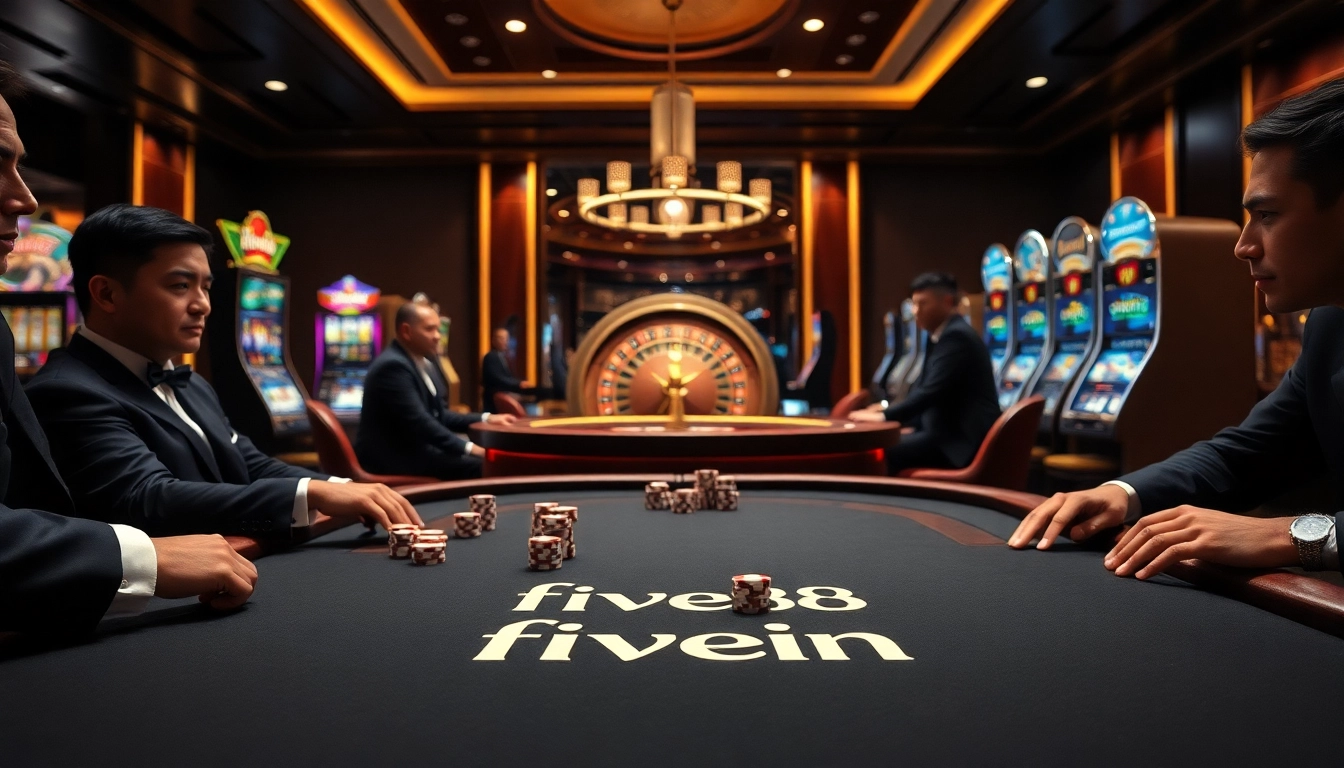 Engaged players at a luxurious poker table within five88 .vin, showcasing high-stakes action and vibrant atmosphere.