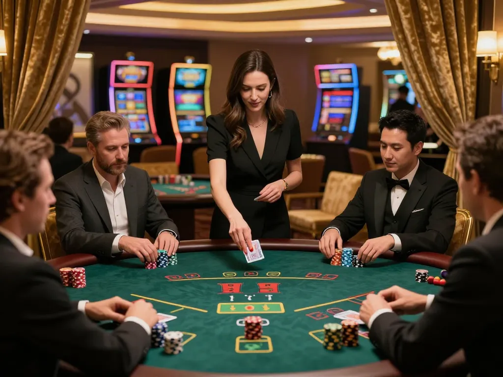 Players enjoying a high-stakes blackjack game at vu88a casino with personalized chips and engaging dealer.