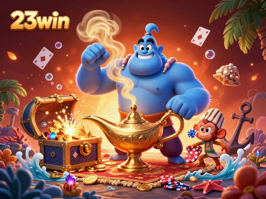 Engage with 23win's dynamic gambling scene featuring a genie, treasures, and poker chips.