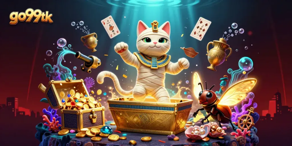 Experience thrilling gameplay at go99tk featuring a cartoon Egyptian mummy cat in a vibrant casino.