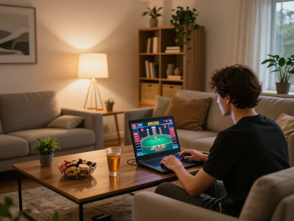 Engaged player using laptop for online poker on https://fun79.today/ with cozy home setting and snacks.