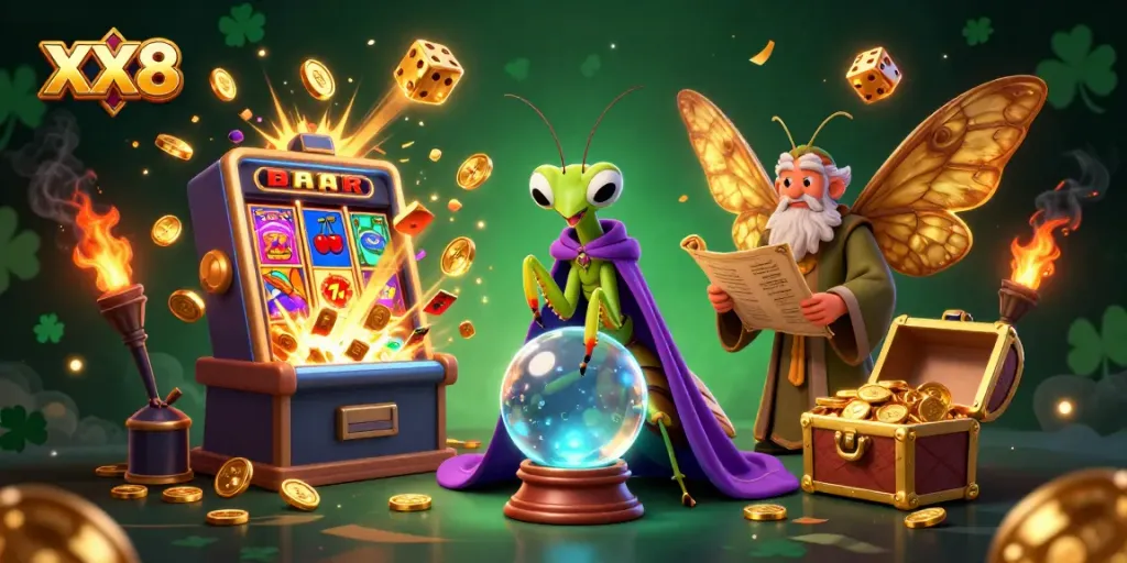 Engage in the thrilling world of XX8 casino with vibrant slot machines, fortune tellers, and exciting game elements.