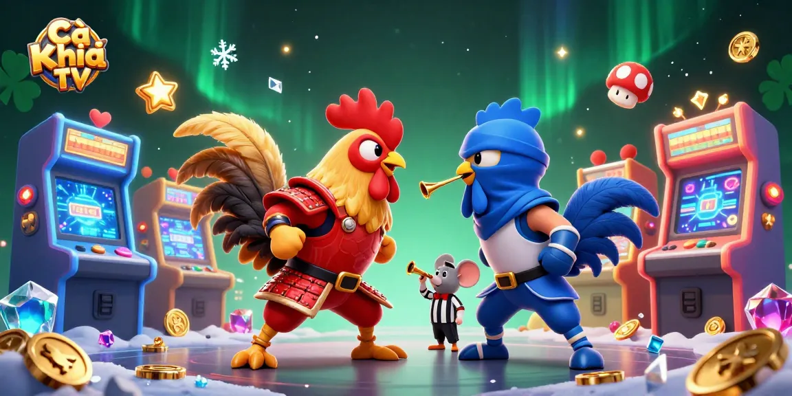 Experience thrilling action with Cà Khịa TV as roosters battle in an arcade casino setting.