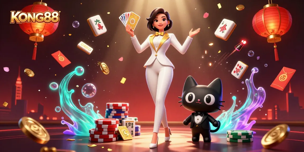 KONG88 offers an exciting scene with a glamorous card dealer shuffling cards alongside a playful tuxedo cat.