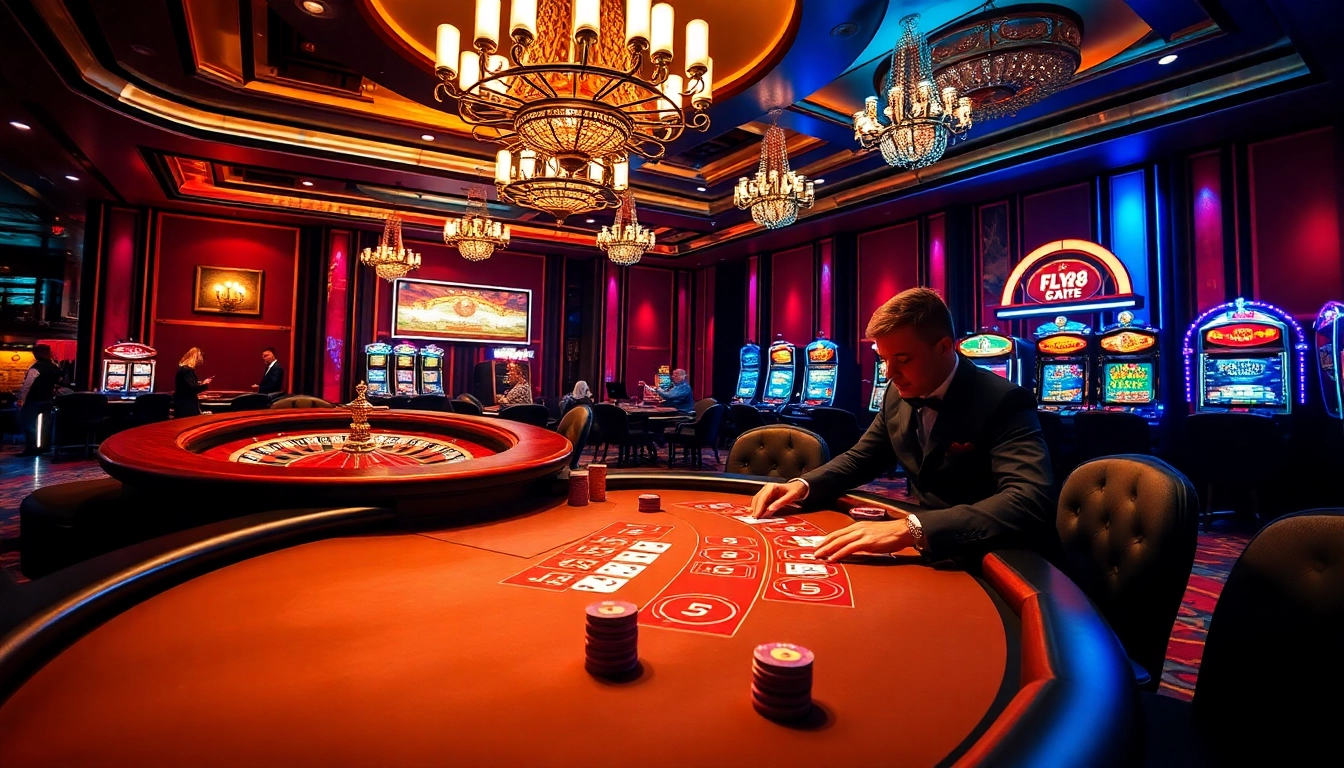 FLY88 poker players strategizing at a luxurious casino table with vibrant lights.