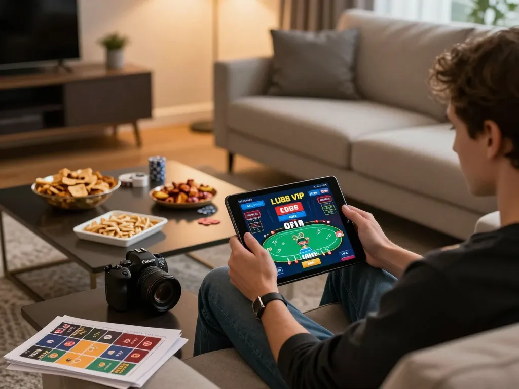Person enjoying online poker on LU88VIP tablet in a cozy living room.