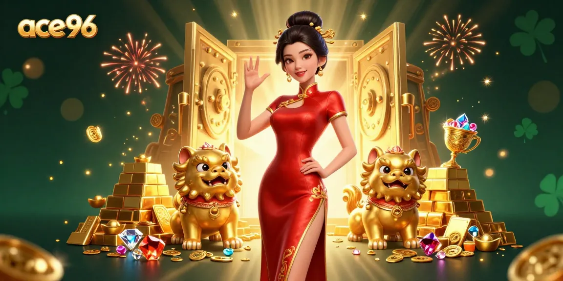 Experience the thrill of ace96 with glamorous gaming elements and festive fireworks.