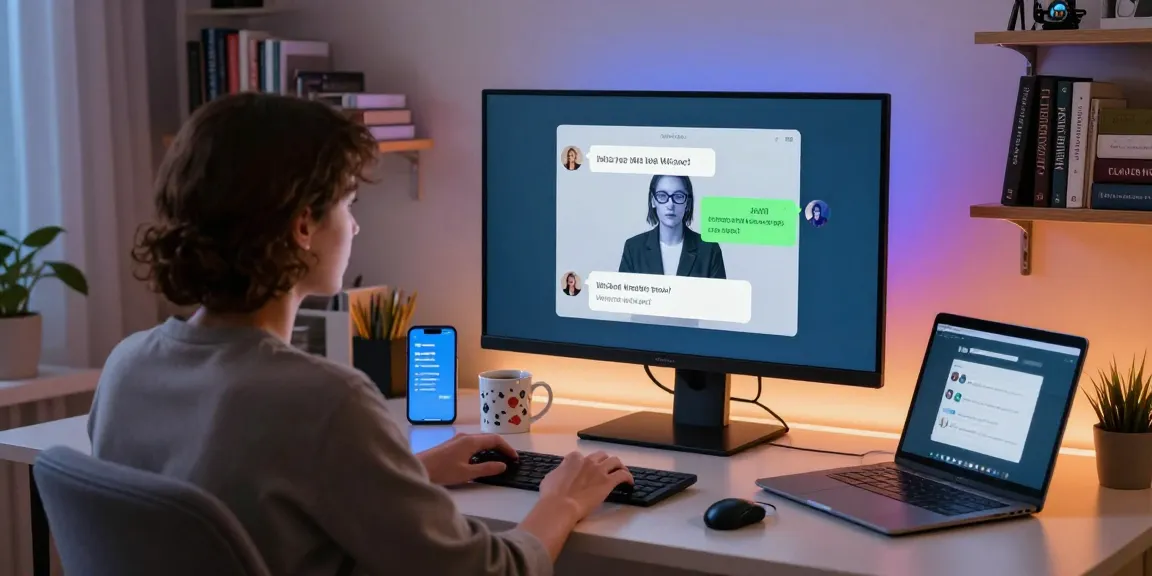 A person engaging in an NSFW chat bot conversation in a cozy home office.