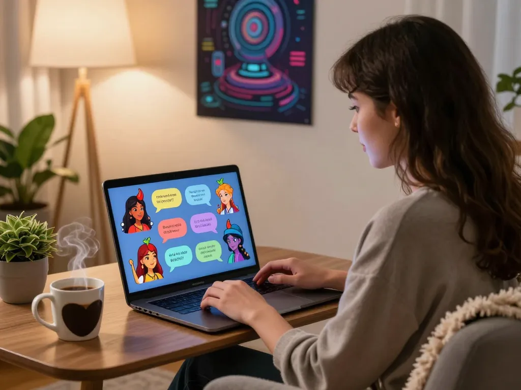 Engaging AI 18+ chat scene with vibrant character avatars and personal touches.