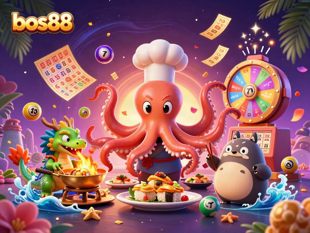 Bidding on big wins with bos88 in a lively scene with a colorful octopus chef and dragon.