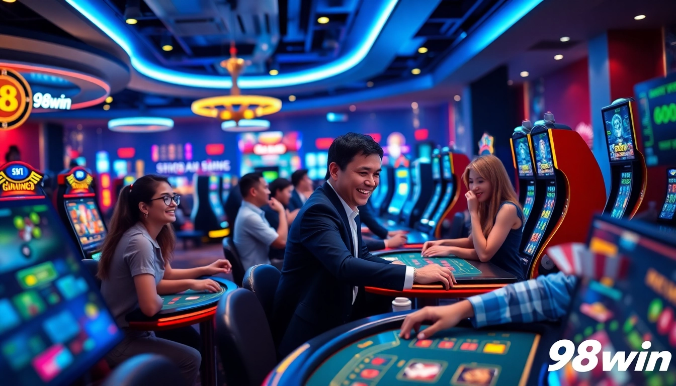 Exciting gaming atmosphere at 98win, featuring players engaged in casino and sports betting.
