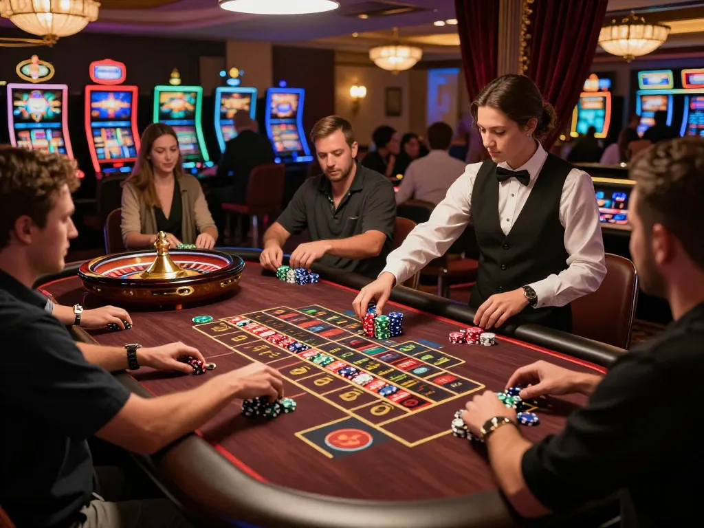 RR88 players enjoying the thrill of roulette in a luxurious casino setting, chips stacked eagerly for betting