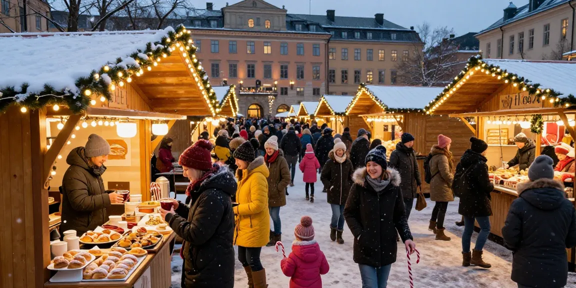 Julmarknad Stockholm med besökare som njuter av glögg och traditionella bakverk, festliga belysningar och snöfall.