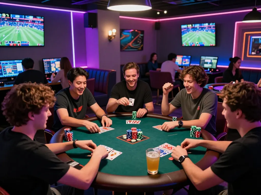 Dynamic gambling scene with friends enjoying nk88 com gaming experience at round table, vibrant ambiance with neon lights and excitement.