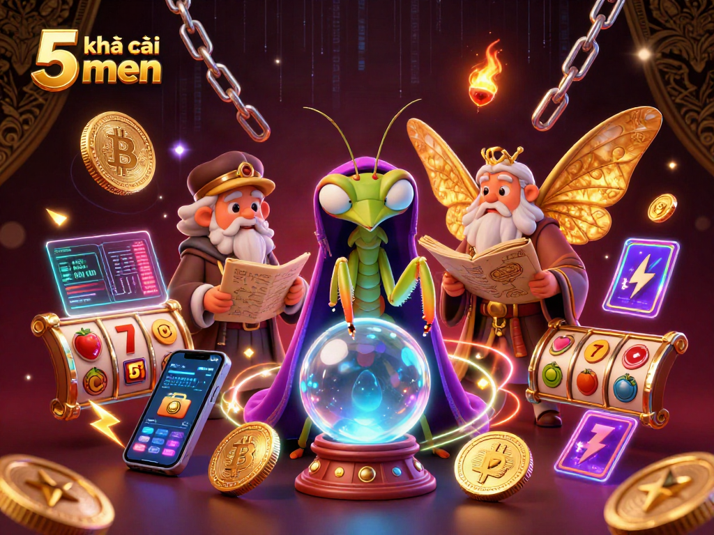 Engage in kèo nhà cái 5 men with vibrant 3D illustrations of fortune tellers and crypto elements.