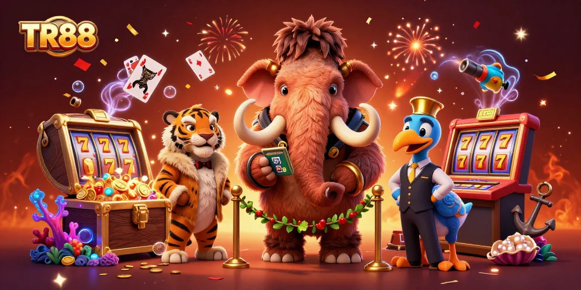Experience exciting casino adventures with TR88 characters among lively slot machines and treasures.