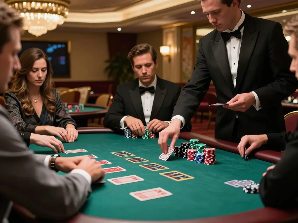 Engaging blackjack scene at a casino table showcasing players' focus, chips, and cards under warm lighting, lu88yy.