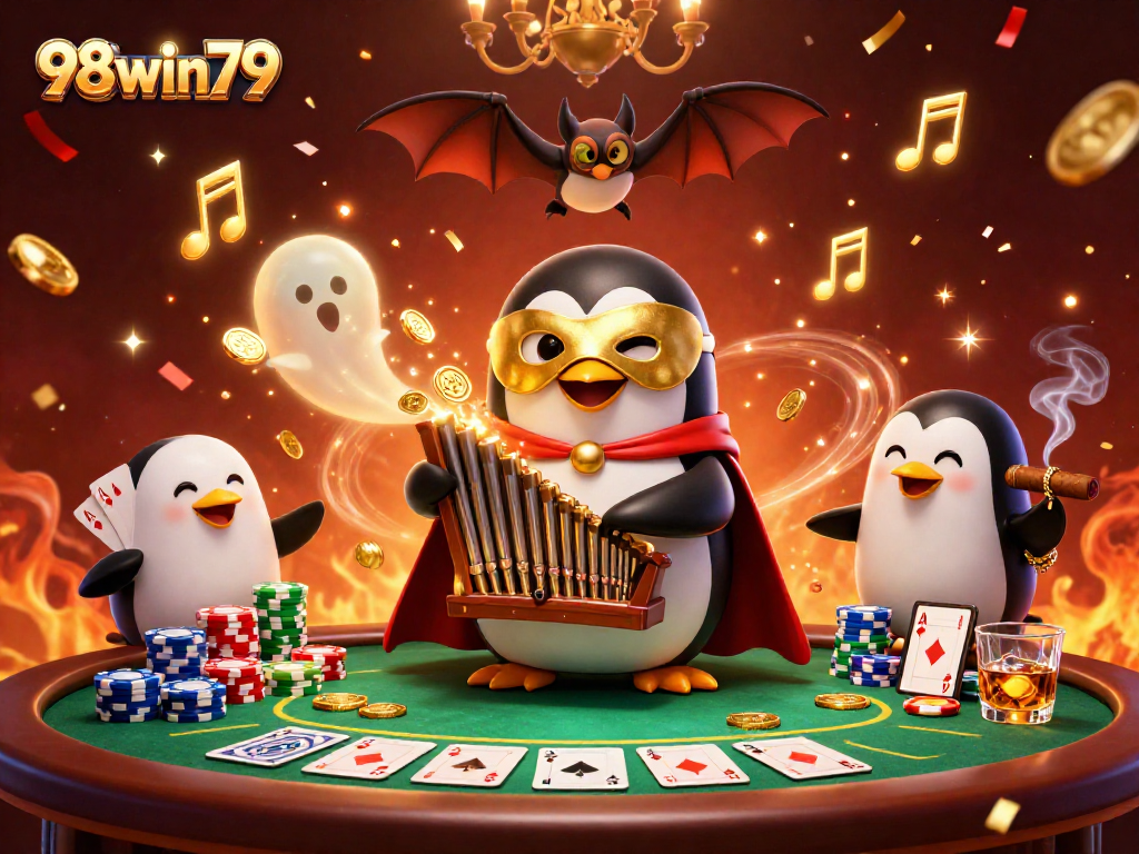 Experience thrilling moments with 98win79 as the phantom penguin plays casino organ, surrounded by poker excitement.