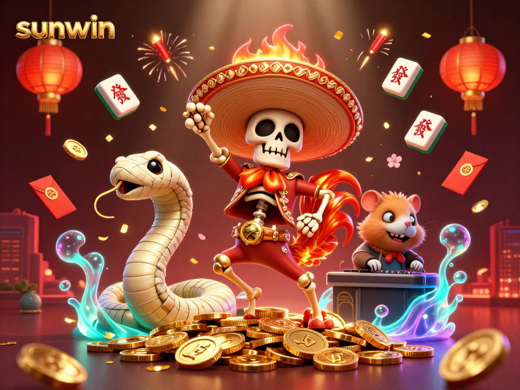 Celebrate wins at sunwin with a mariachi rooster dancing on golden coins, immersed in casino magic.
