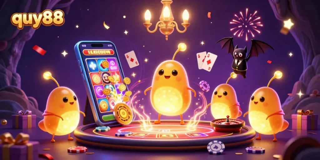Experience thrilling gaming moments at quy88 with vibrant characters and casino elements illuminated in a dynamic scene.