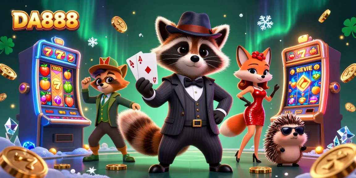 DA888 showcases a raccoon with a royal flush in a lively casino scene filled with slot machines.
