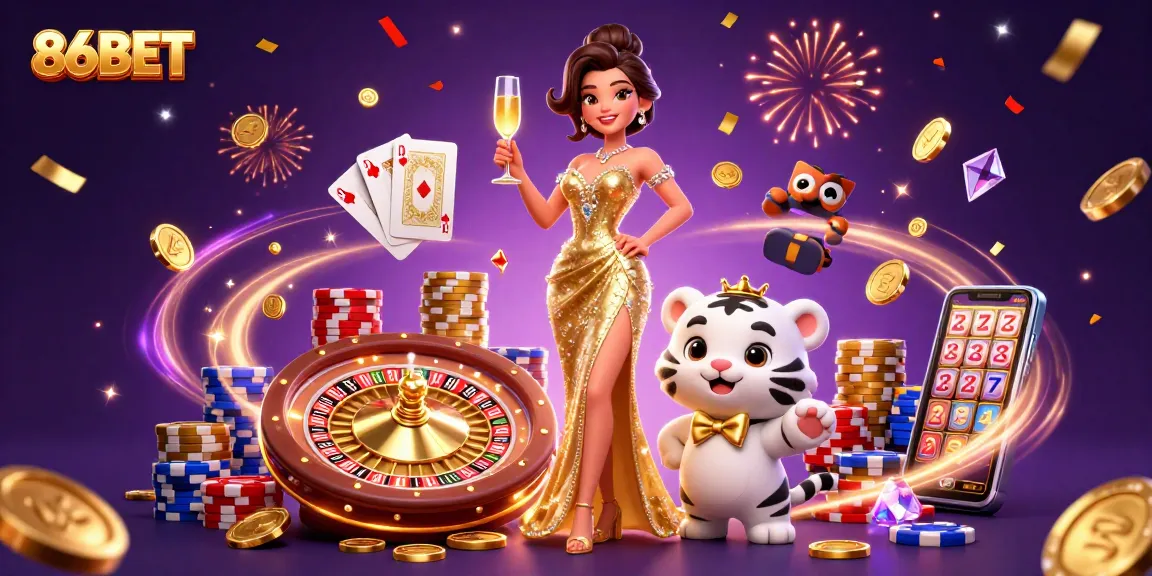 Win big at 86BET with a glamorous gambling scene showcasing luck and excitement.