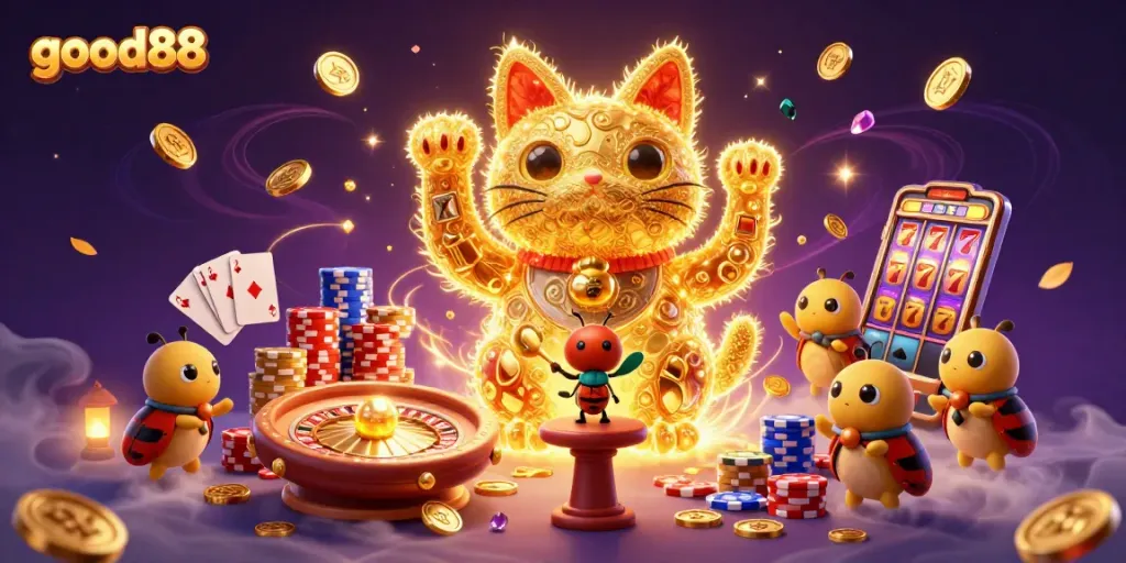 Experience vibrant casino magic with good88's golden lucky cat illustration amidst dynamic gaming elements.