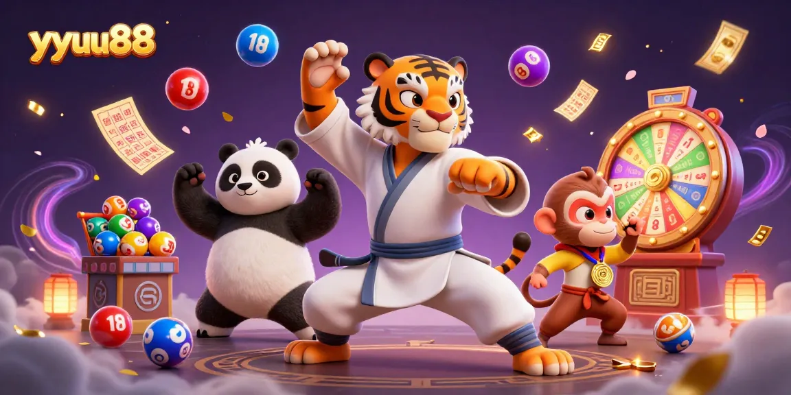 yyuu88 delivers excitement in a vibrant casino scene with dynamic lottery elements and charming characters.