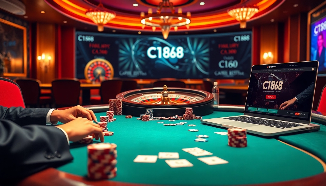 Players enjoying thrilling games at C168.works, showcasing poker chips and a roulette wheel.