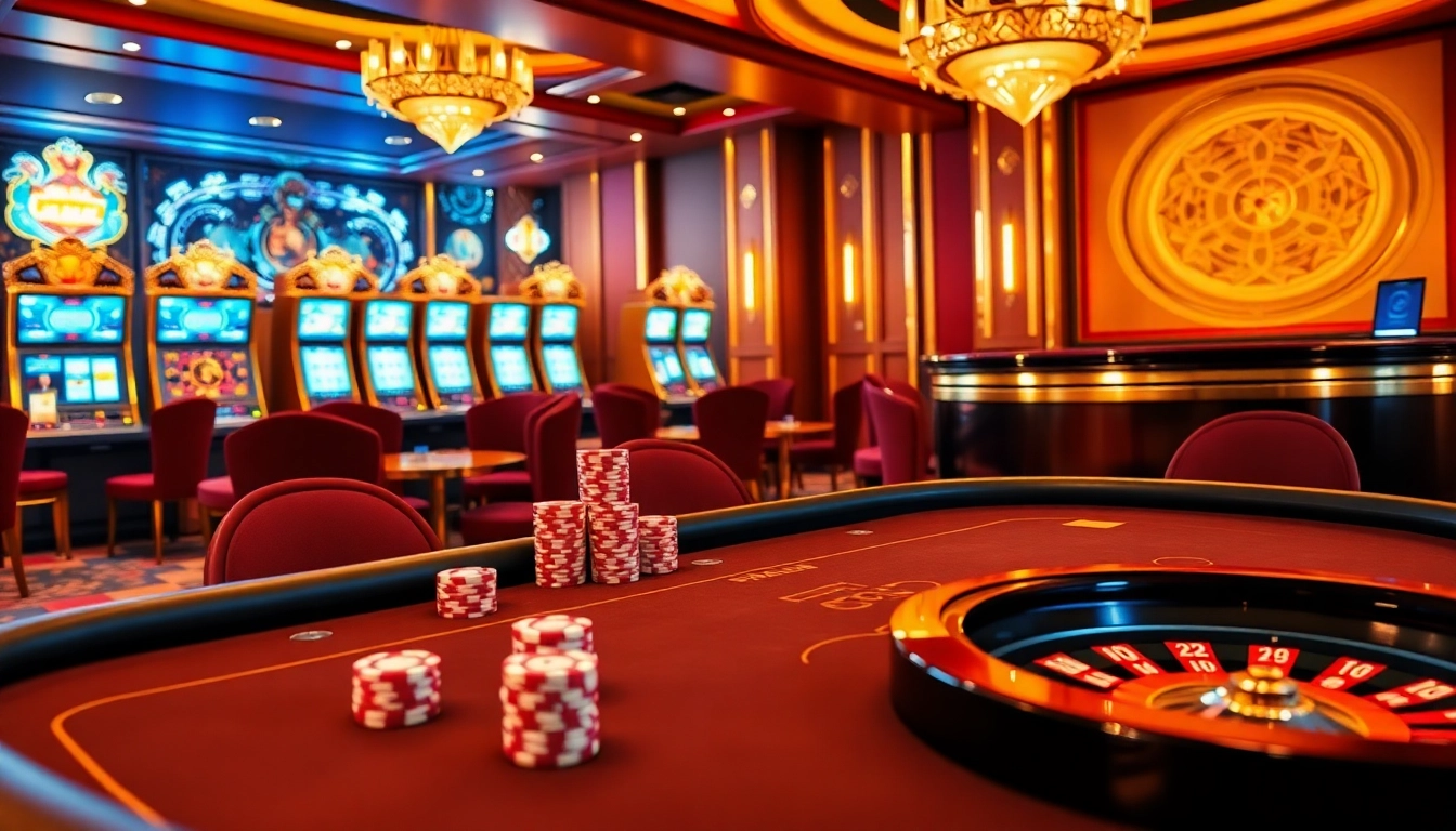 Alo789 casino scene featuring a vibrant poker table, exciting slot machines, and engaging croupiers.