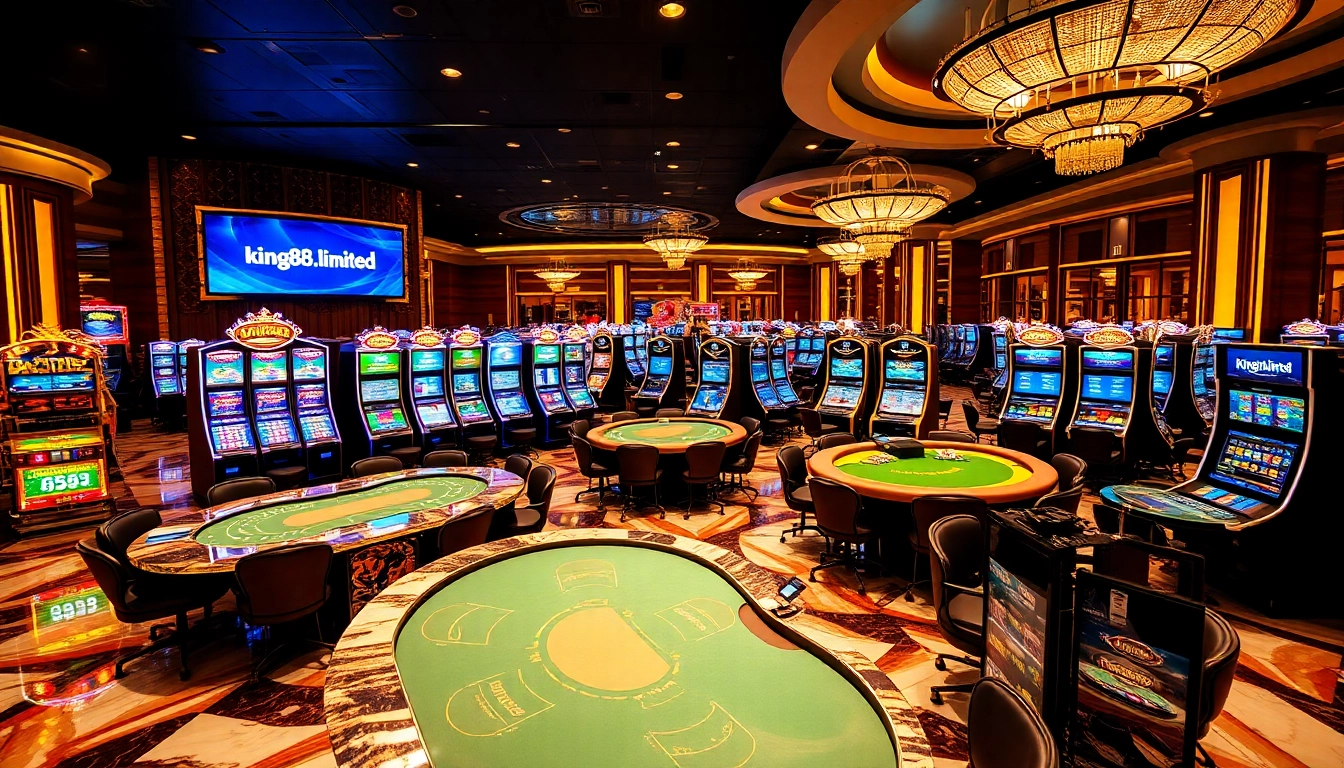 Experience the excitement of King88.limited with vibrant casino visuals featuring games and luxury.