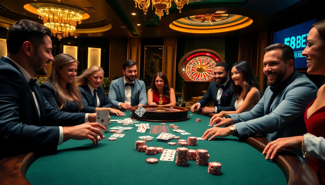 Players enjoy high-stakes poker at a luxurious table at F8BET.DENTAL casino.