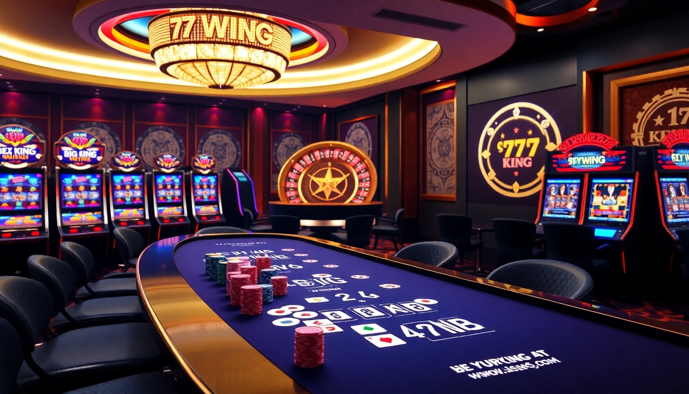 79KING gaming table featuring vibrant poker chips and illuminated slot machines for an exhilarating experience