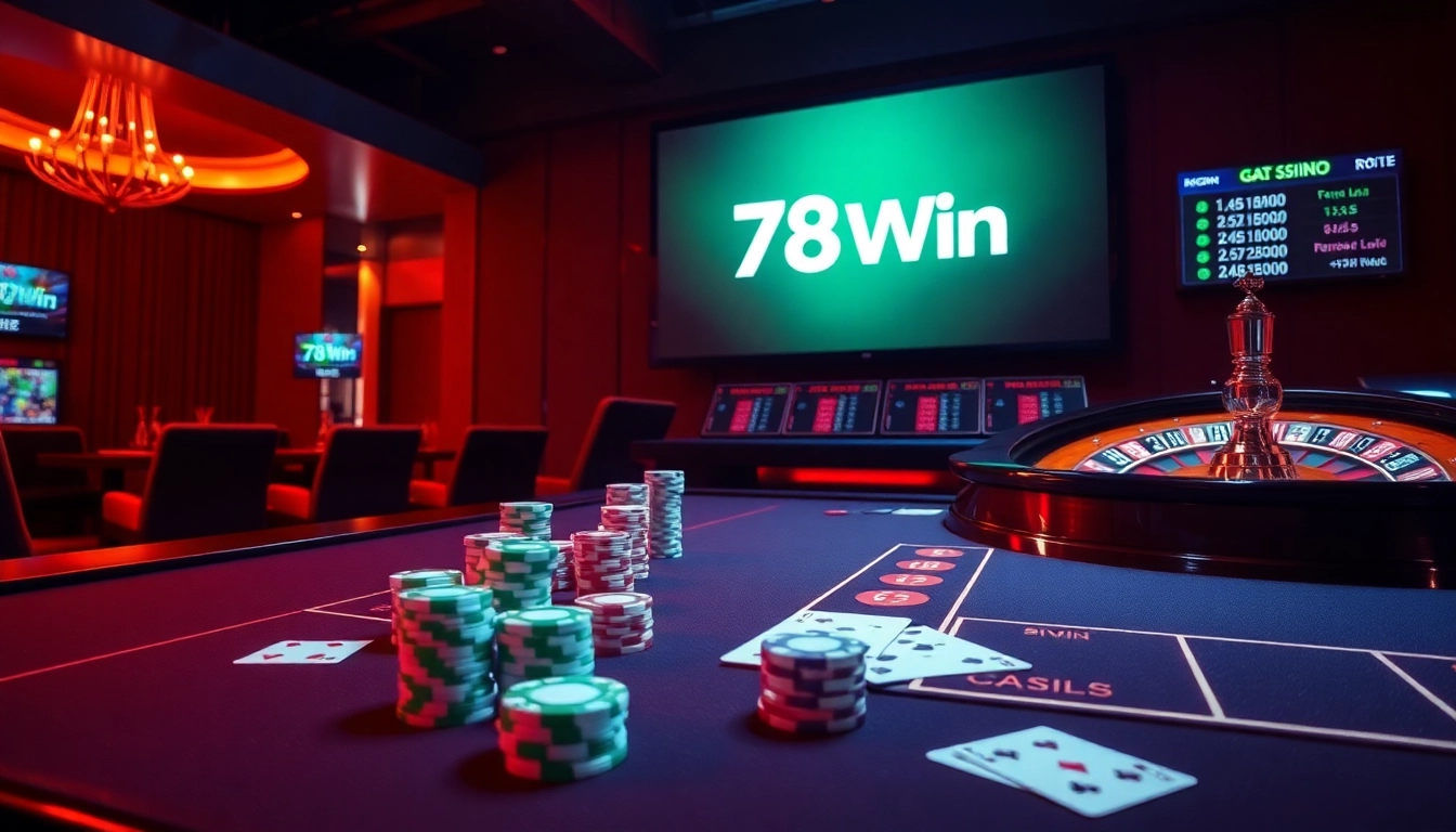 Experience the thrill of betting at 78Win with a vibrant casino table filled with poker chips and high-stakes action.
