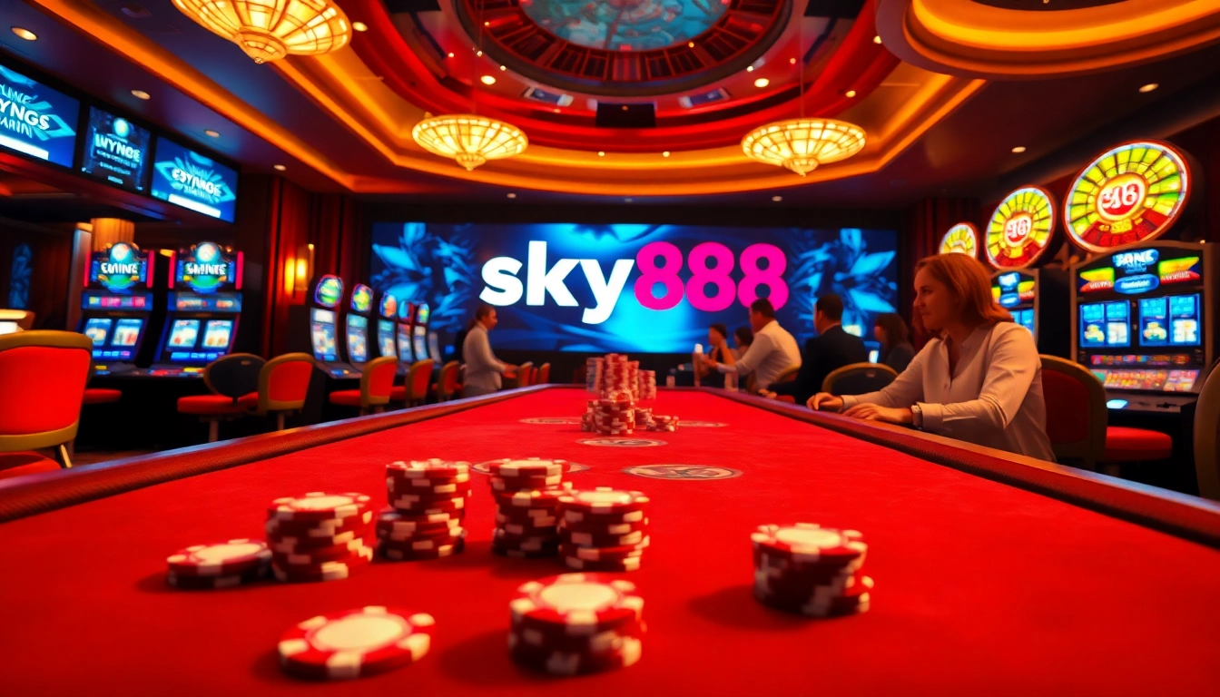 Players enjoying a thrilling casino experience at nhà cái sky88, featuring vibrant tables and lively atmosphere.