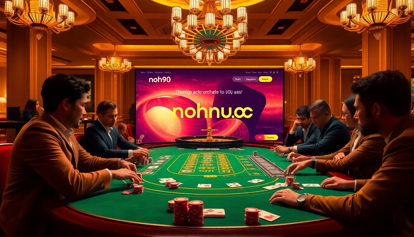 Engaged players at a luxury casino with chips and cards, featuring https://nohu90.ac/ for online gaming thrills.