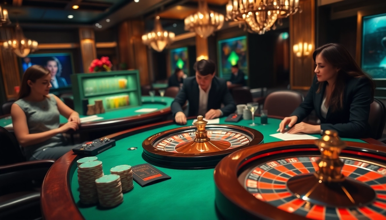 Engaging moment at nhà cái cwin casino table with excited gamblers and a roulette wheel.