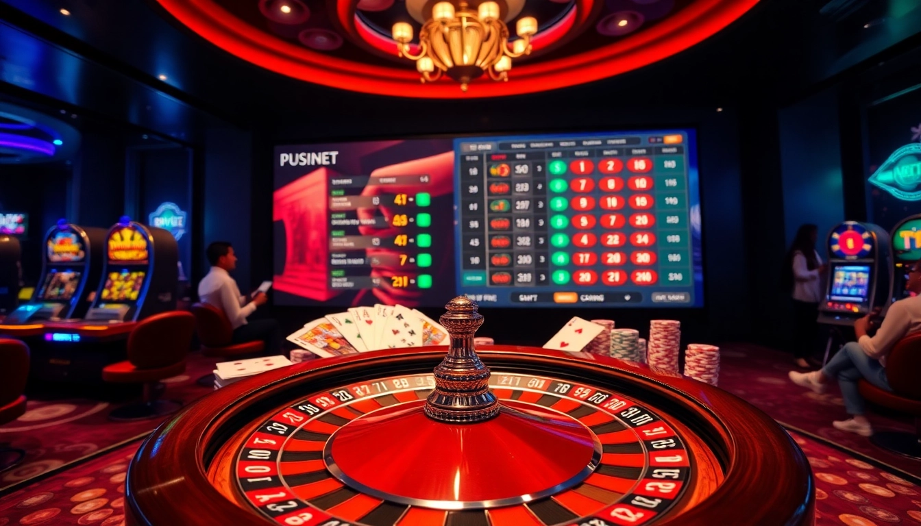 A vibrant casino scene with online gambling visuals showcasing nhà cái du88, featuring poker chips and a roulette wheel.