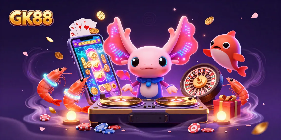 GK88 showcases a vibrant party scene with an axolotl DJ, attracting players with thrilling casino visuals.