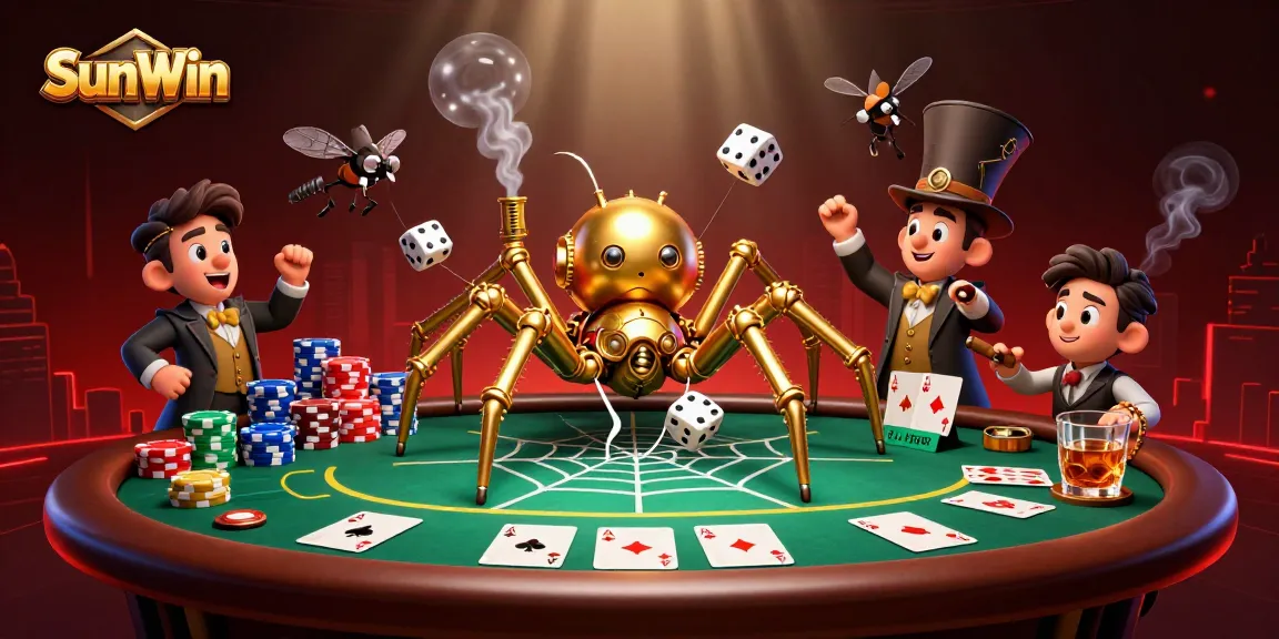 Win at SunWin with 3D cartoon characters enjoying a lively poker game amidst golden chains and vibrant casino elements.