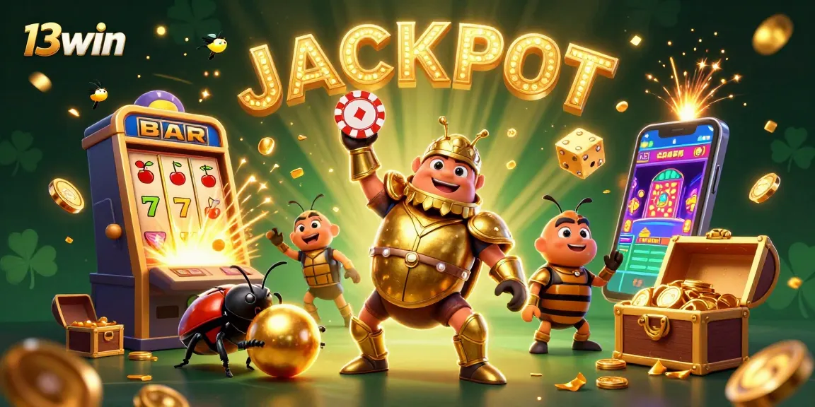 Engage in thrilling 13win experiences with a victorious beetle celebrating a jackpot amidst dynamic casino elements.