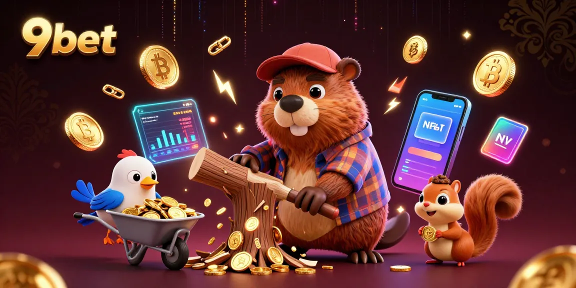 Engage with 9bet's animated scene of a beaver gathering golden coins in a vibrant casino setting.