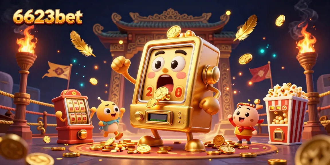 Experience the fun of 6623bet with a cheerful golden slot machine celebrating its jackpot in a dynamic casino scene.