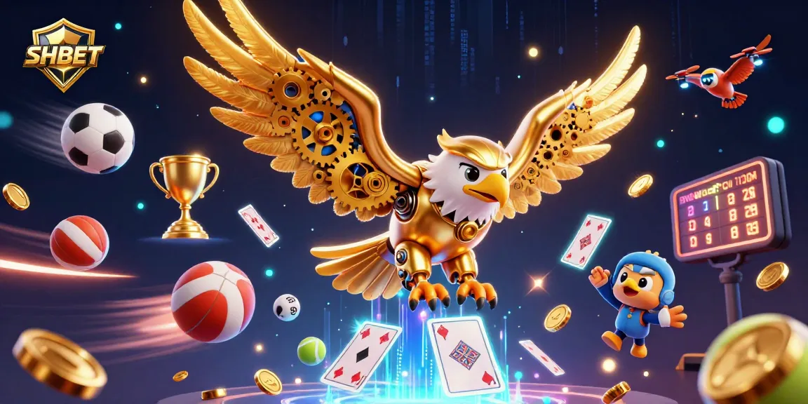 Engage in thrilling gameplay with SHBET as a golden eagle dives through holographic cards and sports elements.