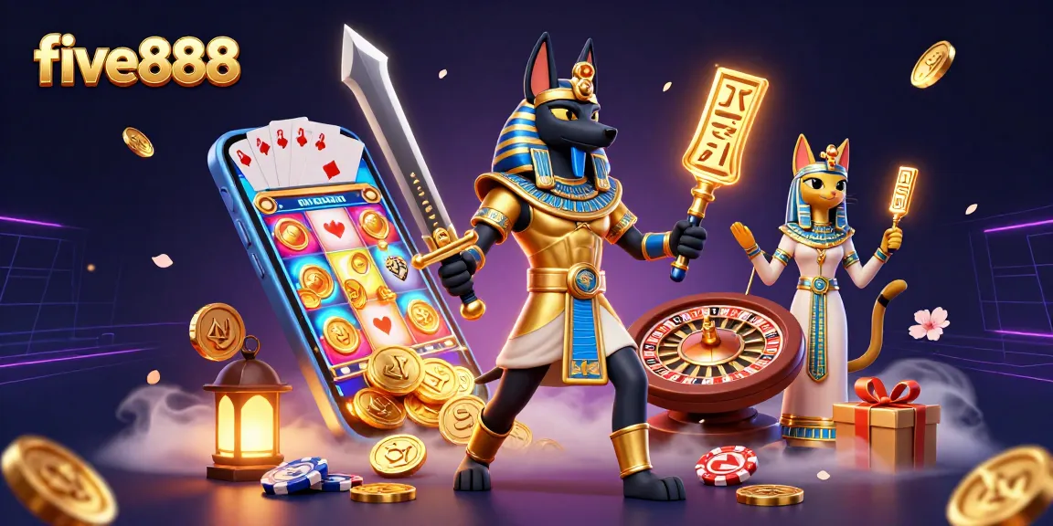 Spin the reels and win with five888 in a vibrant casino scene featuring Anubis and Bastet.