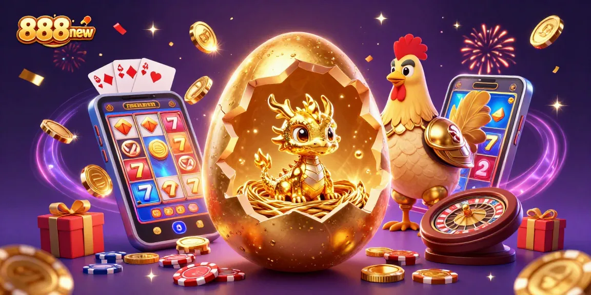 Experience the thrill of gaming with 888new, featuring a golden dragon and casino elements.