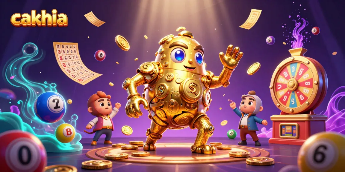 Engage in thrilling gameplay at Cakhia, surrounded by dynamic colorful lottery elements and a golden golem.
