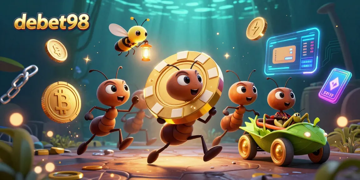Experience the thrilling adventure of debet98 with ants in a heist carrying giant poker chips and glowing crypto coins.