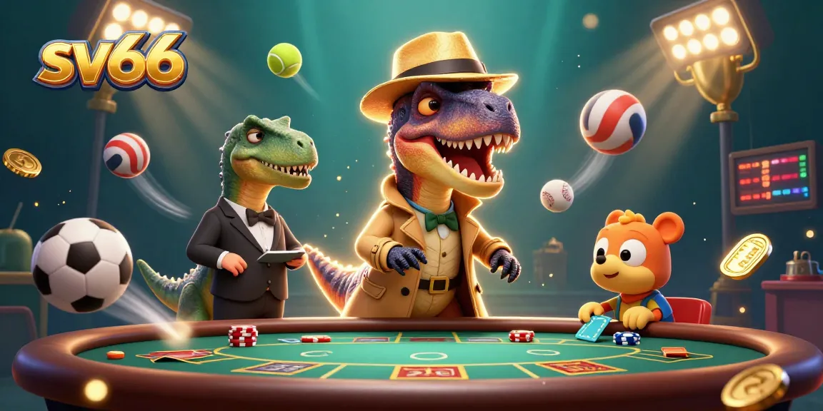 sv66 features a velociraptor card counter at a blackjack table, surrounded by sports elements and dazzling lights.